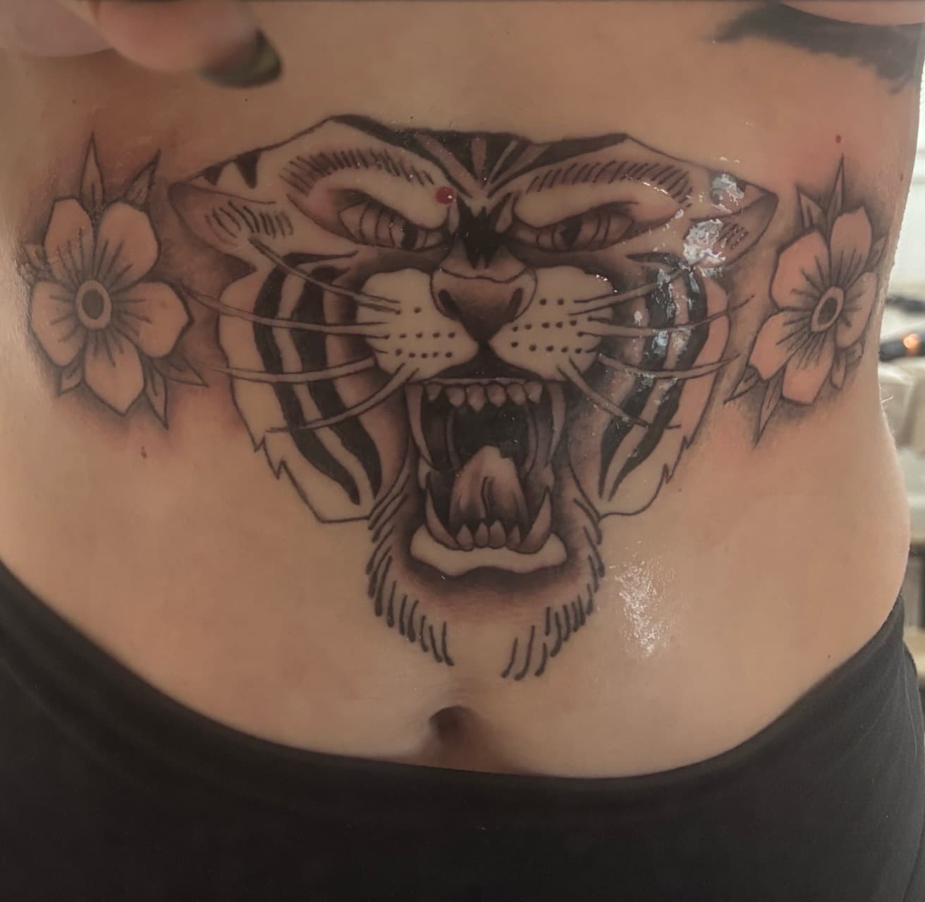 American Traditional + Black & Grey tiger tattoo on Stomach by Skull_Brothers_Ink on TattMe
