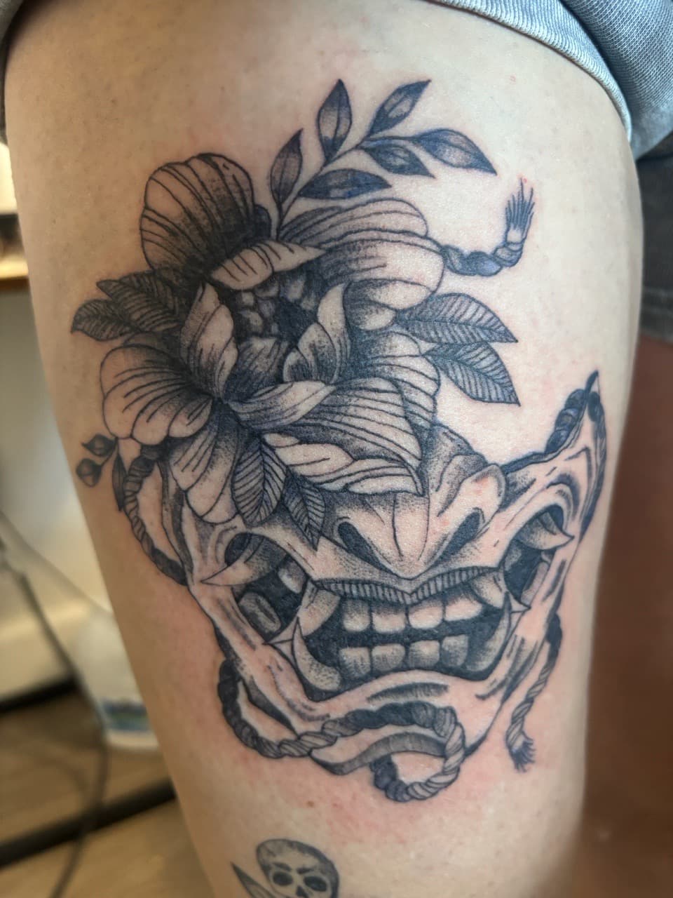 Black & Grey + Japanese hannya mask tattoo on Thigh by Skull_Brothers_Ink on TattMe