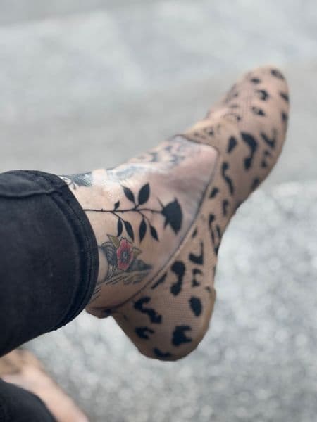 Fine Line + Black-work leaves tattoo on Foot by Skull_Brothers_Ink on TattMe