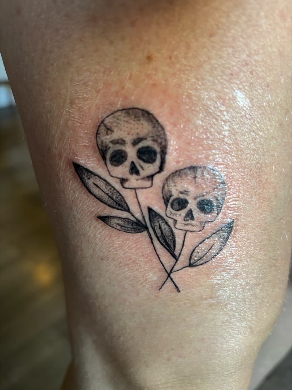Fine Line + Black-work skulls tattoo on Thigh by Skull_Brothers_Ink on TattMe