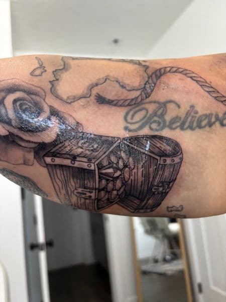 Black & Grey + Illustrative treasure chest tattoo on Forearm by Skull_Brothers_Ink on TattMe
