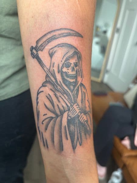 Black & Grey + Traditional grim reaper tattoo on Forearm by Skull_Brothers_Ink on TattMe