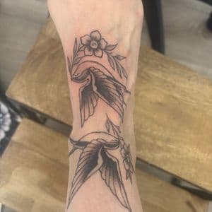Neo-Traditional + Black-work birds tattoo on Foot by Skull_Brothers_Ink on TattMe