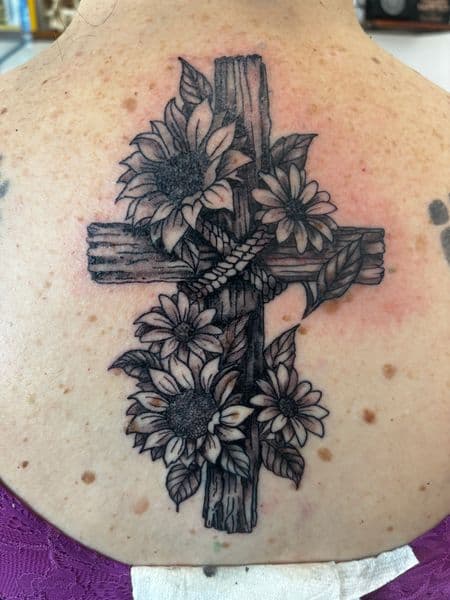 Black & Grey + Illustrative cross tattoo on Upper Back by Skull_Brothers_Ink on TattMe