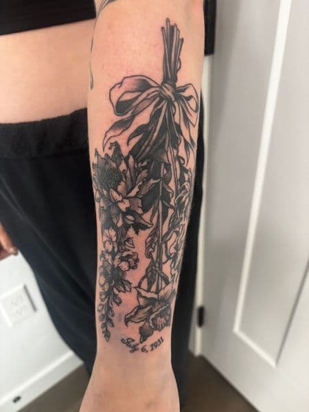 Black & Grey + Floral bouquet tattoo on Forearm by Skull_Brothers_Ink on TattMe