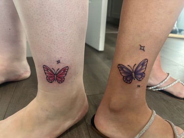 Fine Line + Color butterfly tattoo on Ankle by Skull_Brothers_Ink on TattMe