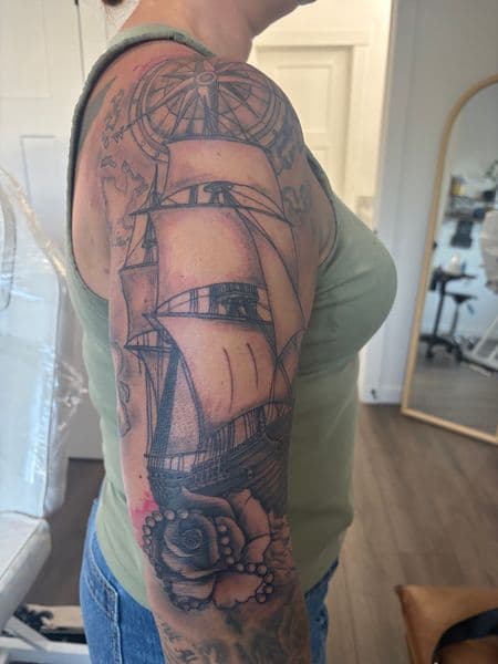 Black & Grey + Illustrative sailing ship tattoo on Half Sleeve by Skull_Brothers_Ink on TattMe