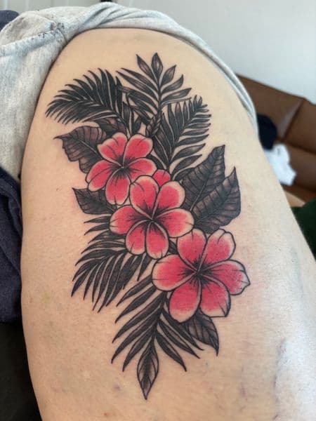 Floral + Color flowers tattoo on Thigh by Skull_Brothers_Ink on TattMe