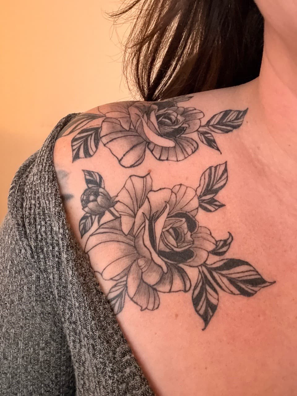 Floral + Black & Grey roses tattoo on Shoulder by Skull_Brothers_Ink on TattMe