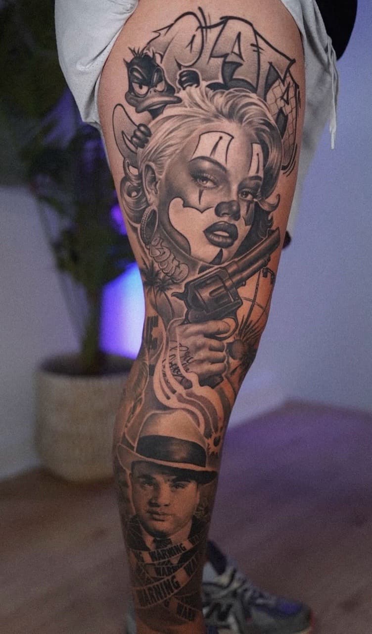 Black & Grey + Realism clown girl tattoo on Full Leg Sleeve by Handrosart on TattMe