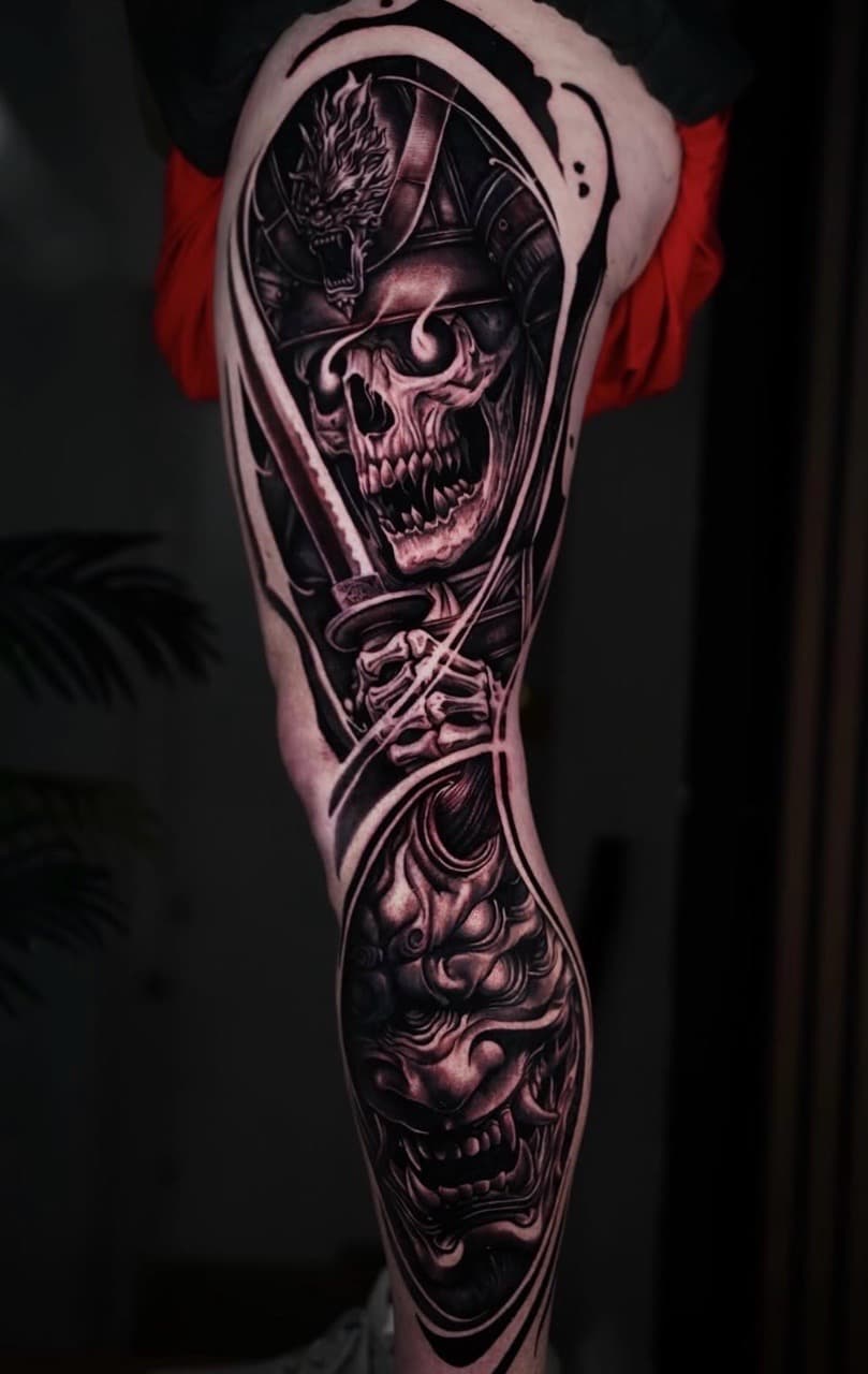 Black & Grey + Realism skull tattoo on Full Leg Sleeve by Handrosart on TattMe