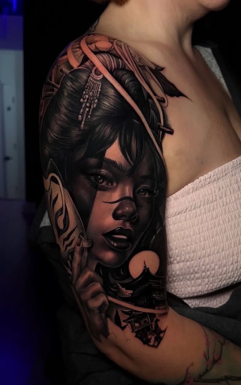 Realism + Black & Grey woman tattoo on Upper Arm by Handrosart on TattMe