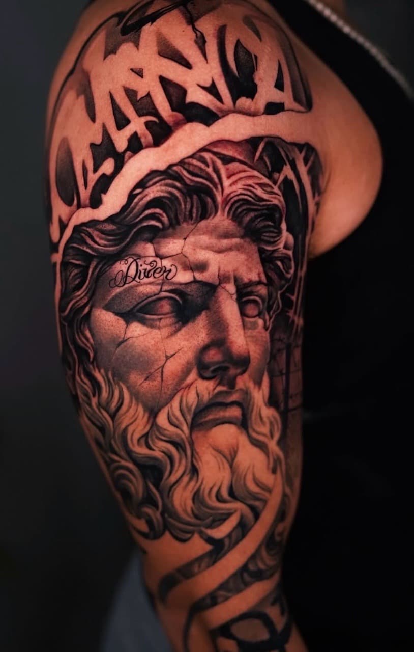 Realism + Black & Grey statue tattoo on Upper Arm by Handrosart on TattMe