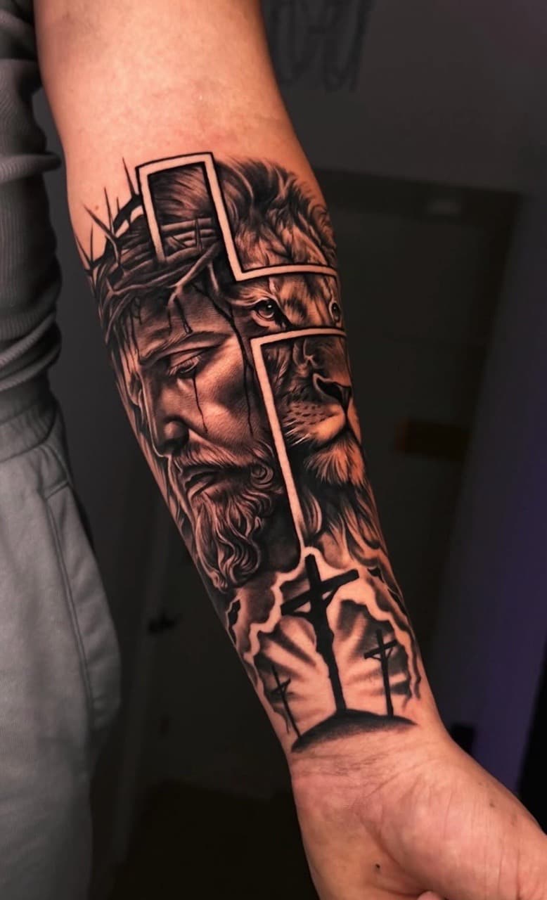 Black & Grey + Realism jesus tattoo on Forearm by Handrosart on TattMe