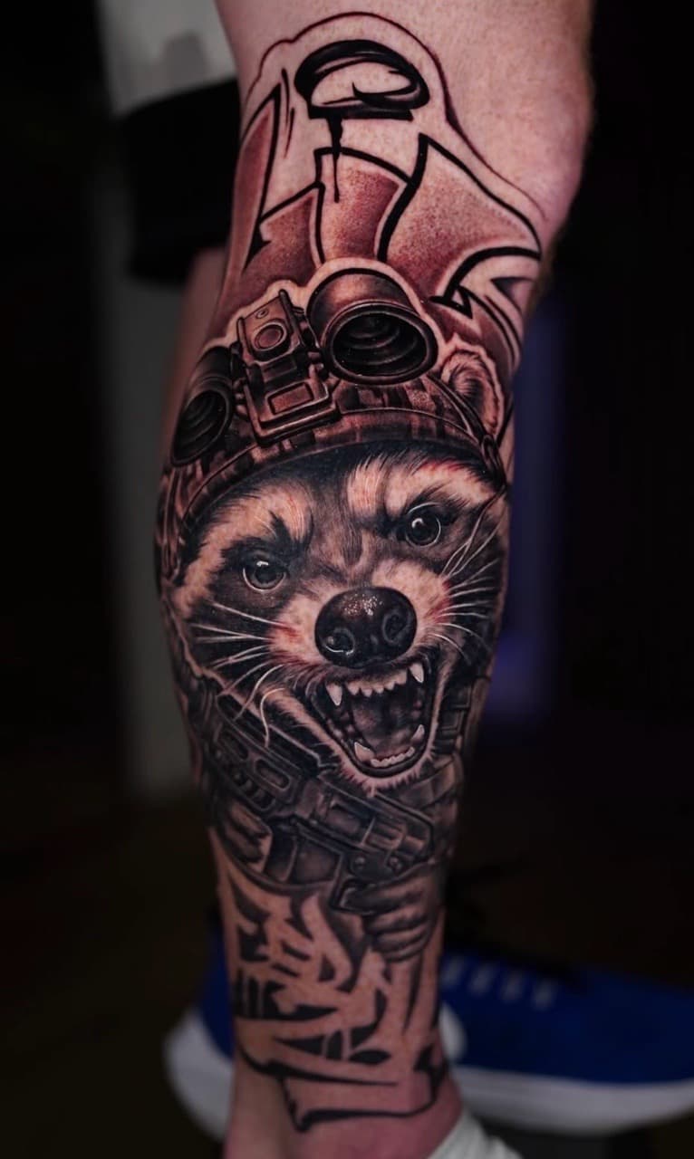Realism + Black & Grey raccoon tattoo on Calf by Handrosart on TattMe