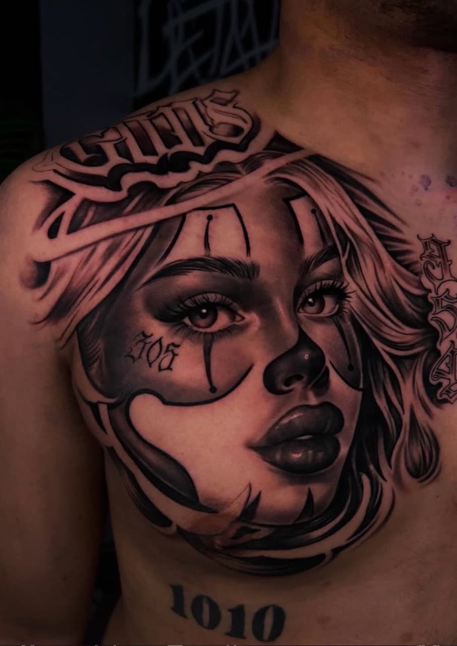 Black & Grey + Realism woman tattoo on Chest by Handrosart on TattMe