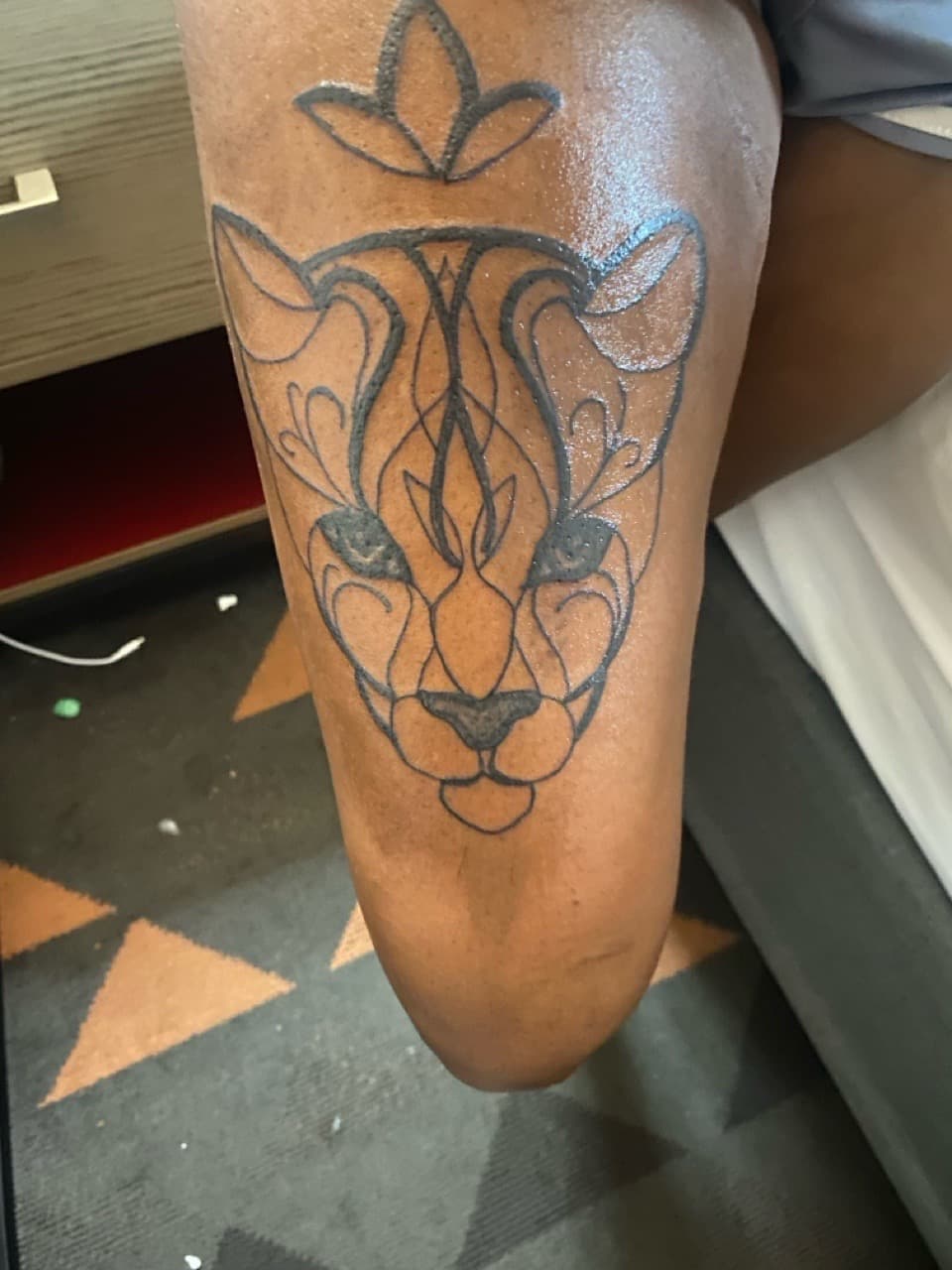 Fine Line + Line-work lioness tattoo on Thigh by SnapInk on TattMe