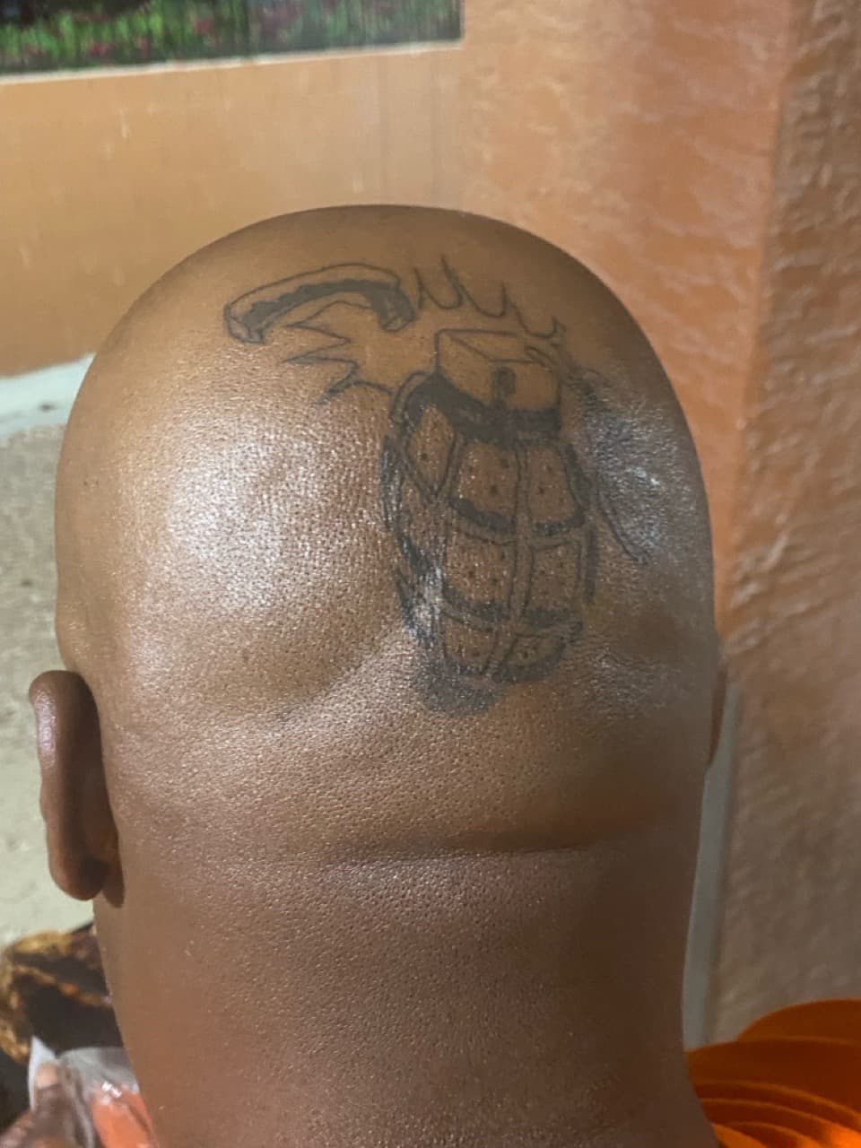 Black-work + Line-work grenade tattoo on Scalp by SnapInk on TattMe