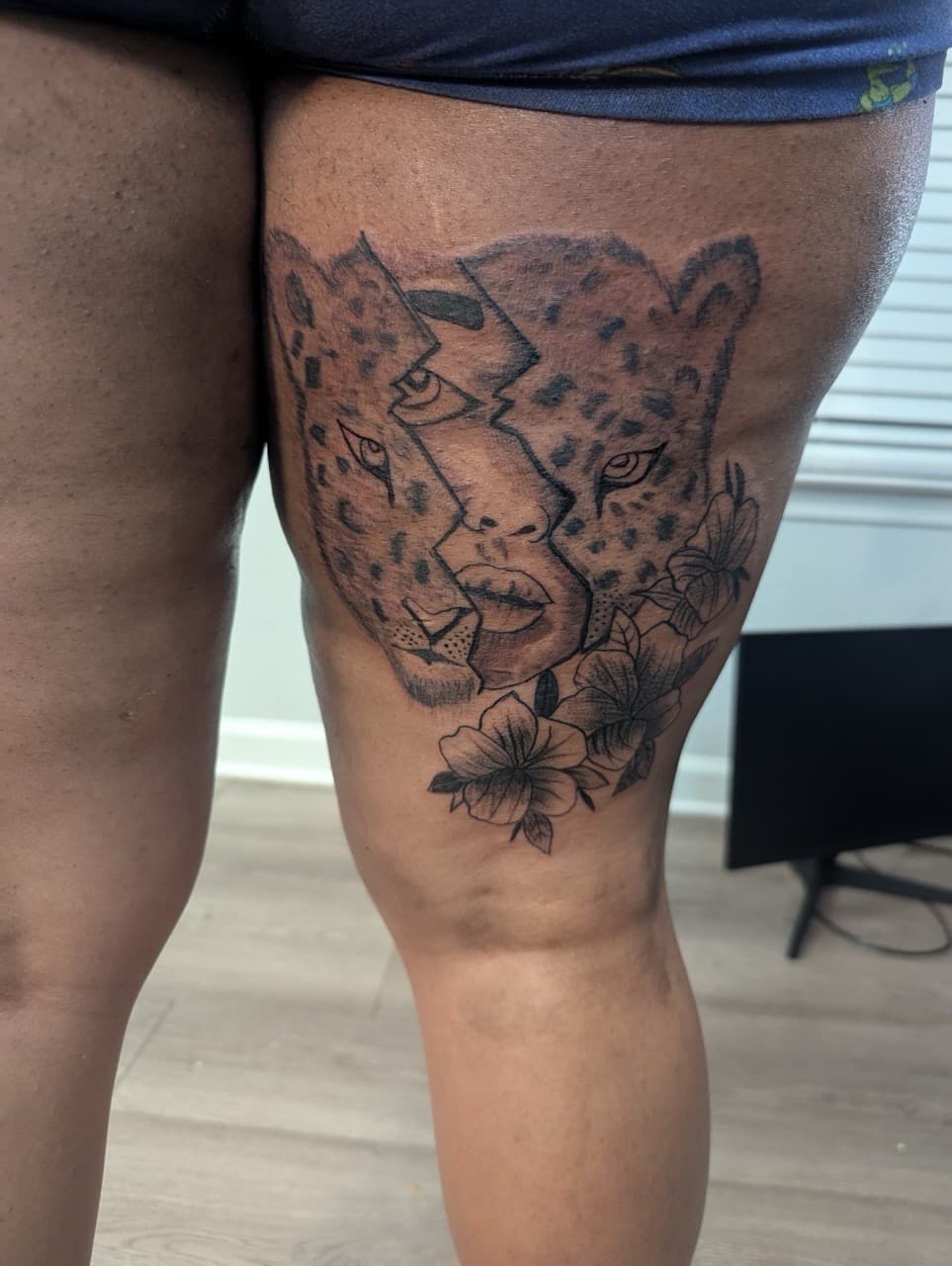 Black & Grey + Illustrative leopard tattoo on Thigh by SnapInk on TattMe