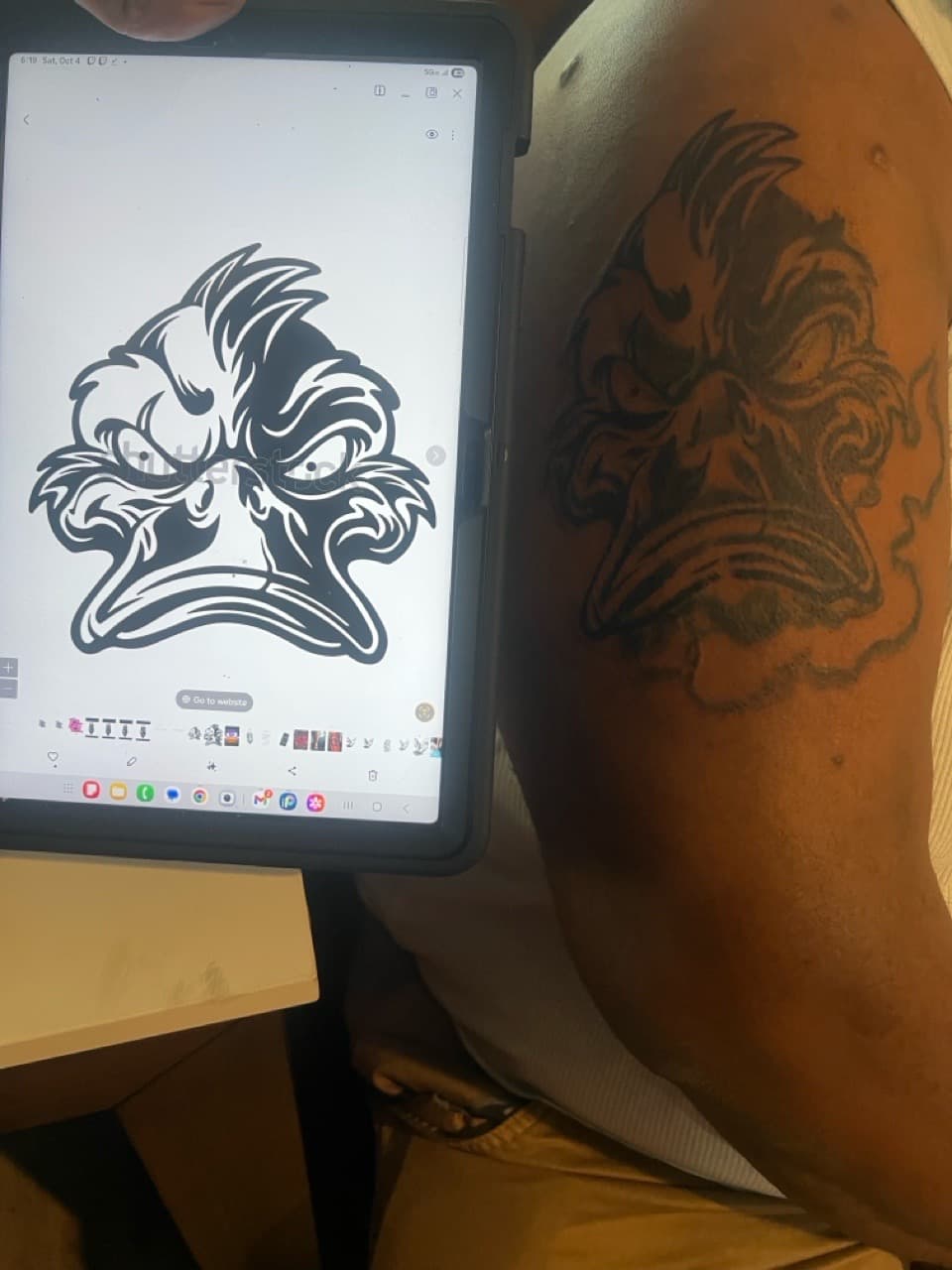 Cartoon + Black-work duck tattoo on Upper Arm by SnapInk on TattMe