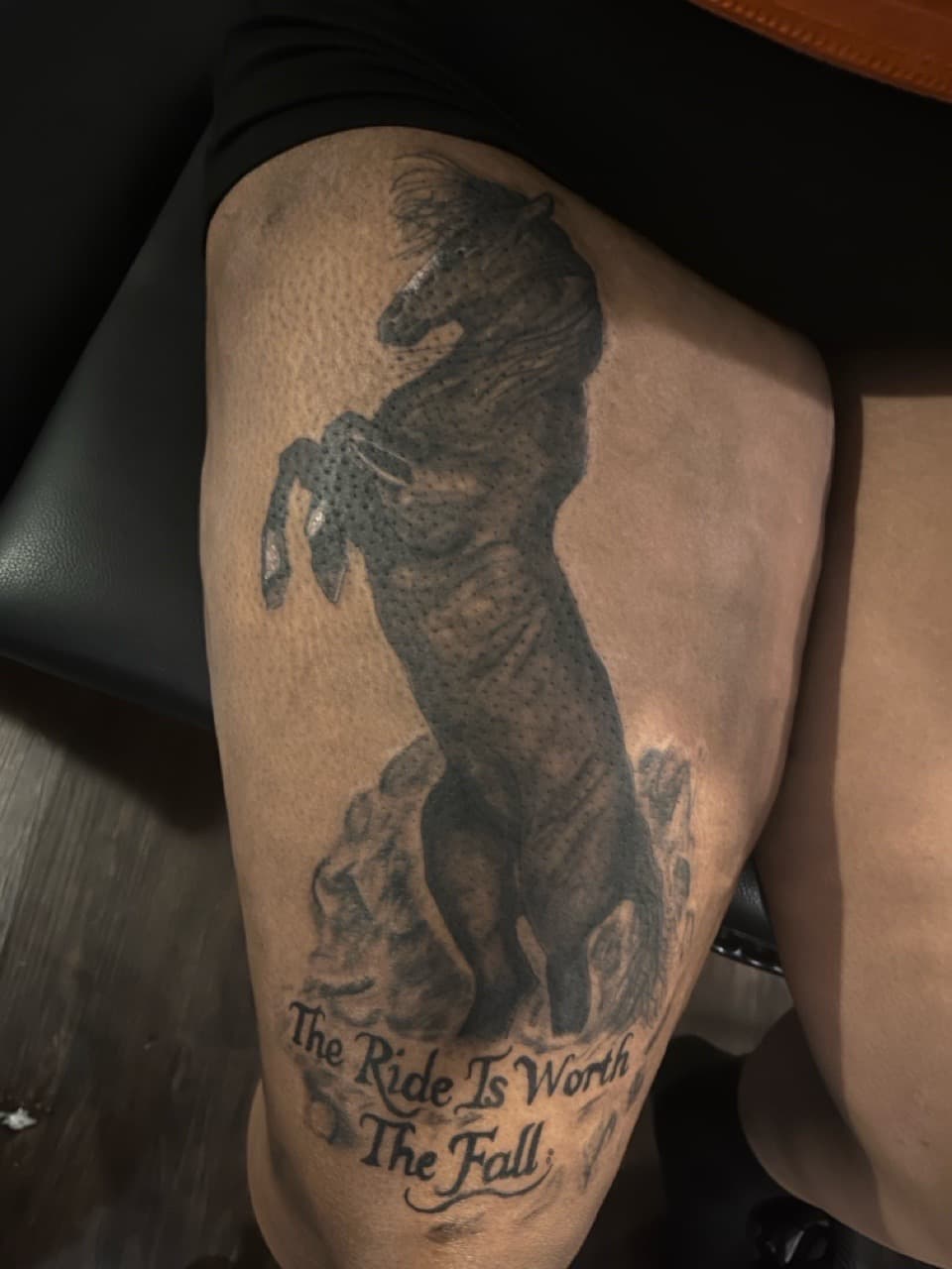 Black & Grey + Lettering horse tattoo on Thigh by SnapInk on TattMe