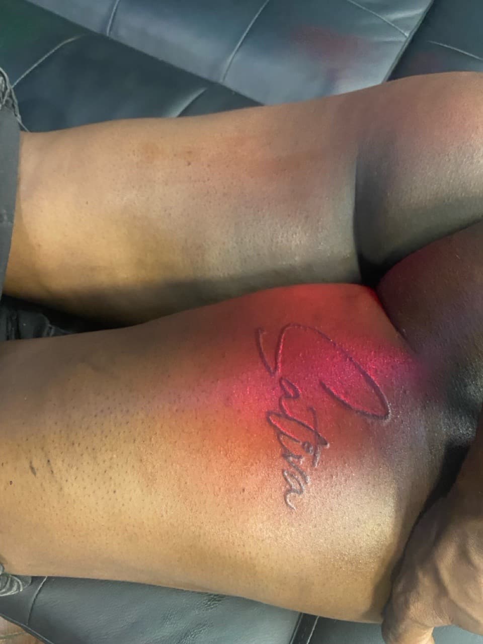 Lettering + Script sativa tattoo on Thigh by SnapInk on TattMe