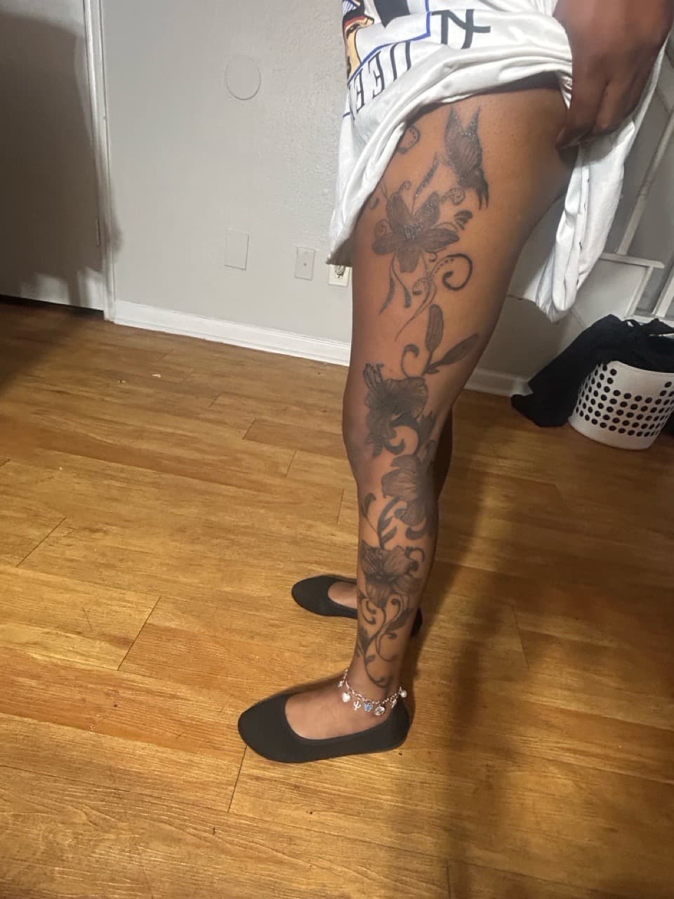 Black & Grey + Floral flowers tattoo on Full Leg Sleeve by SnapInk on TattMe