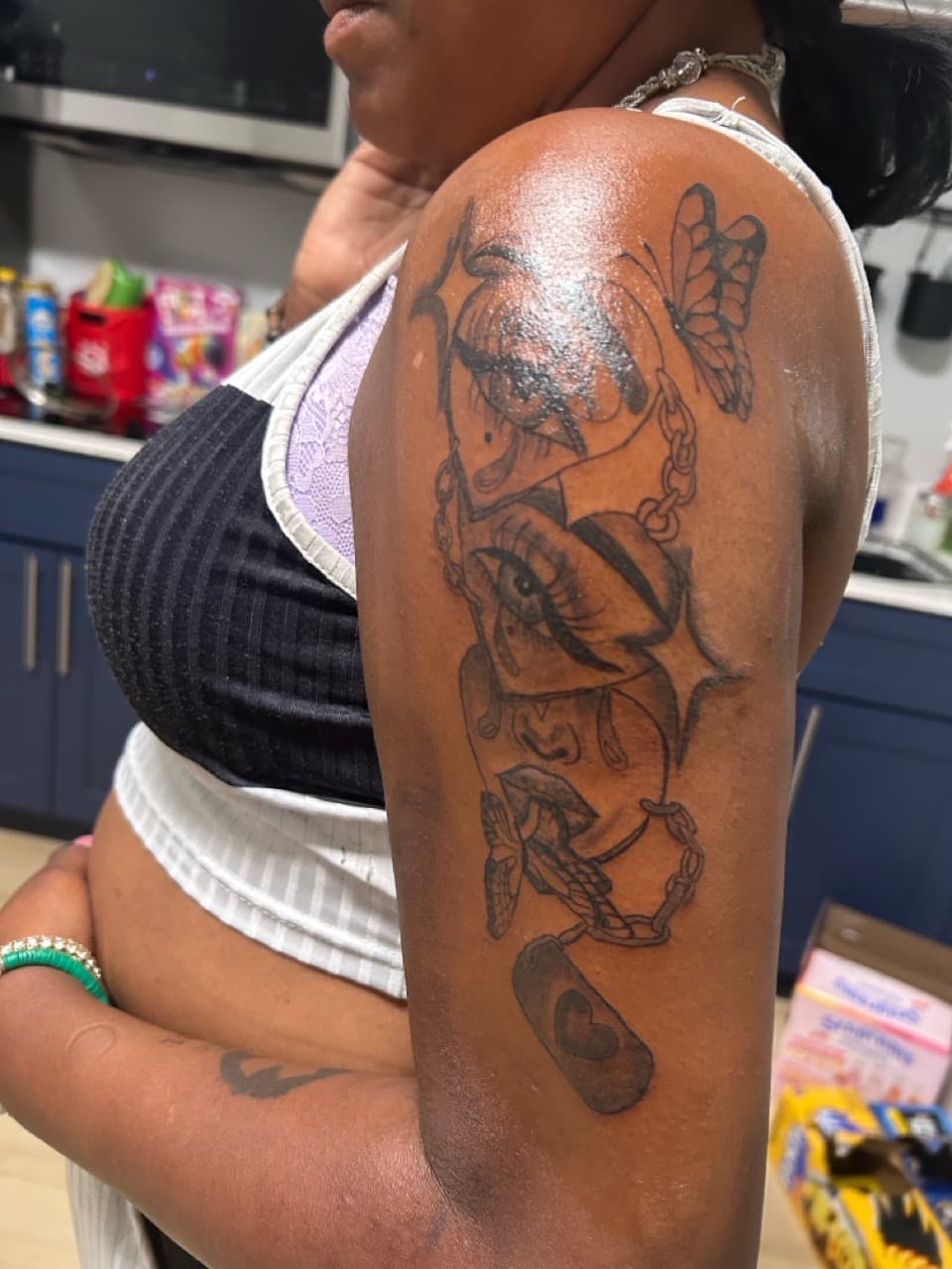 Black-work + Illustrative lips tattoo on Upper Arm by SnapInk on TattMe