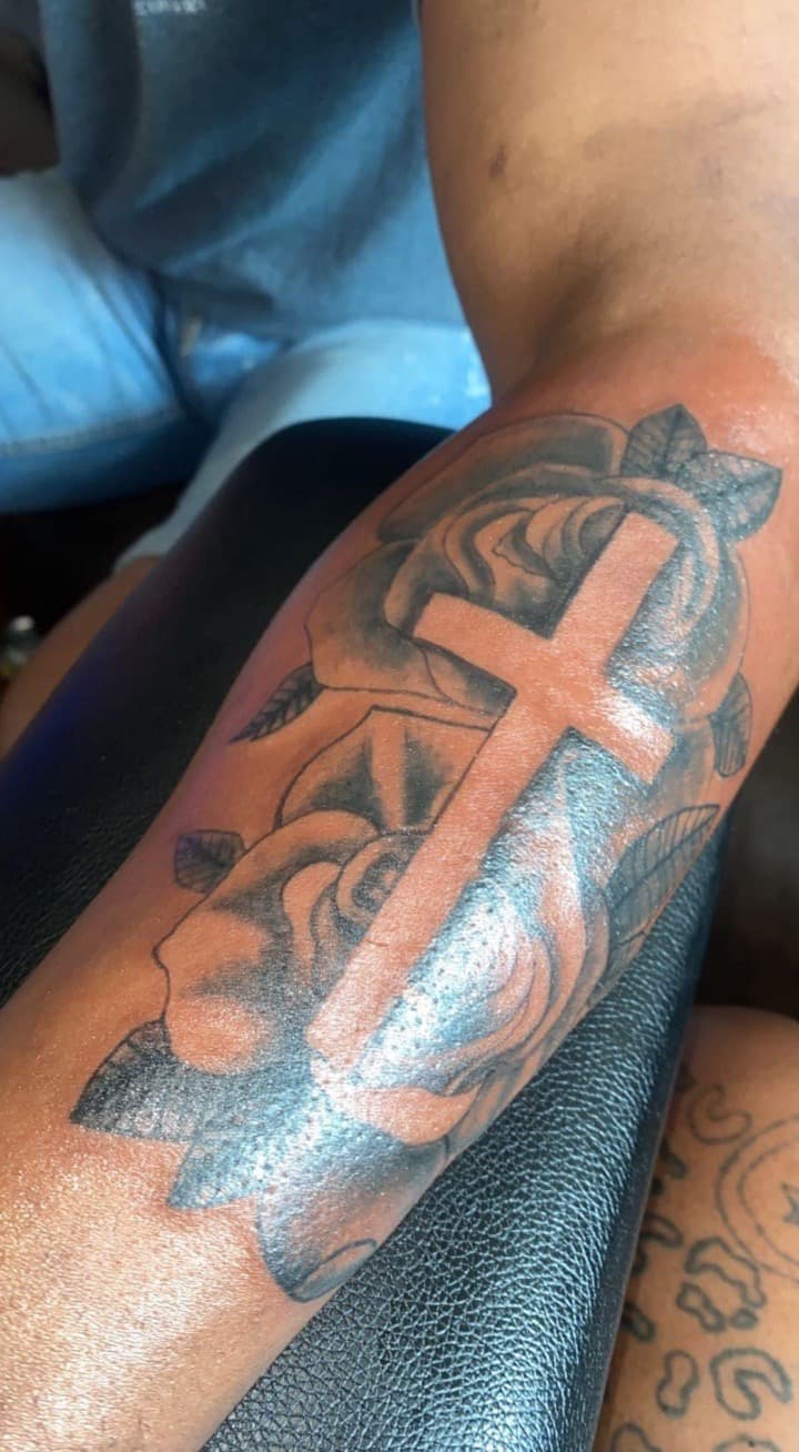 Black & Grey + Floral cross tattoo on Forearm by SnapInk on TattMe