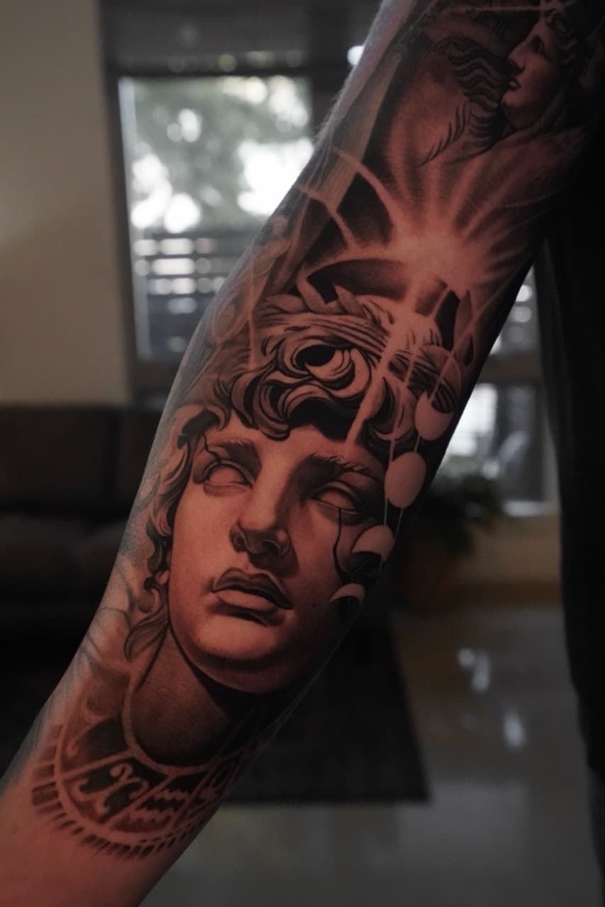Black & Grey + Realism statue tattoo on Forearm by Devonne_Foxworth on TattMe