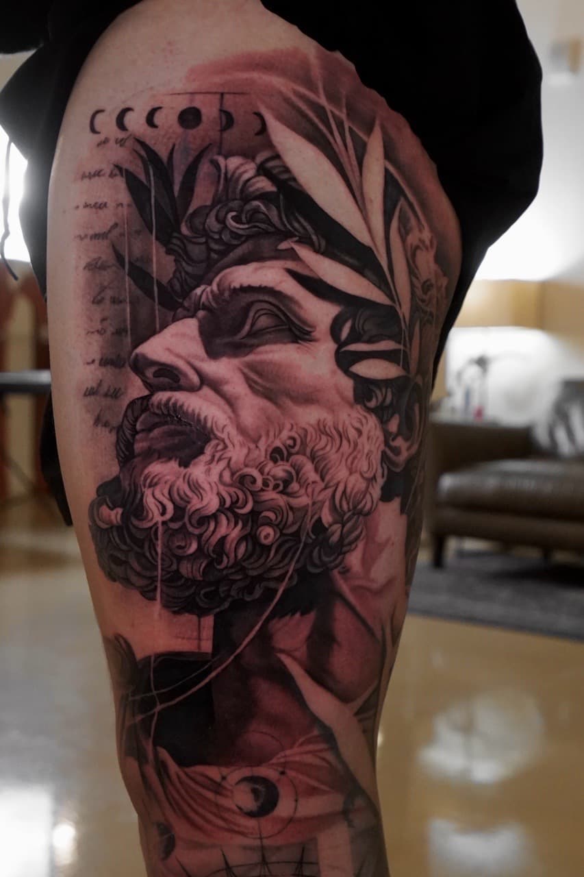Black & Grey + Realism statue tattoo on Thigh by Devonne_Foxworth on TattMe