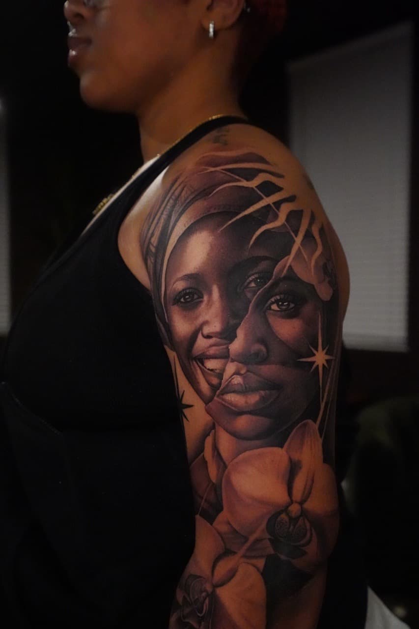 Realism + Black & Grey faces tattoo on Upper Arm by Devonne_Foxworth on TattMe
