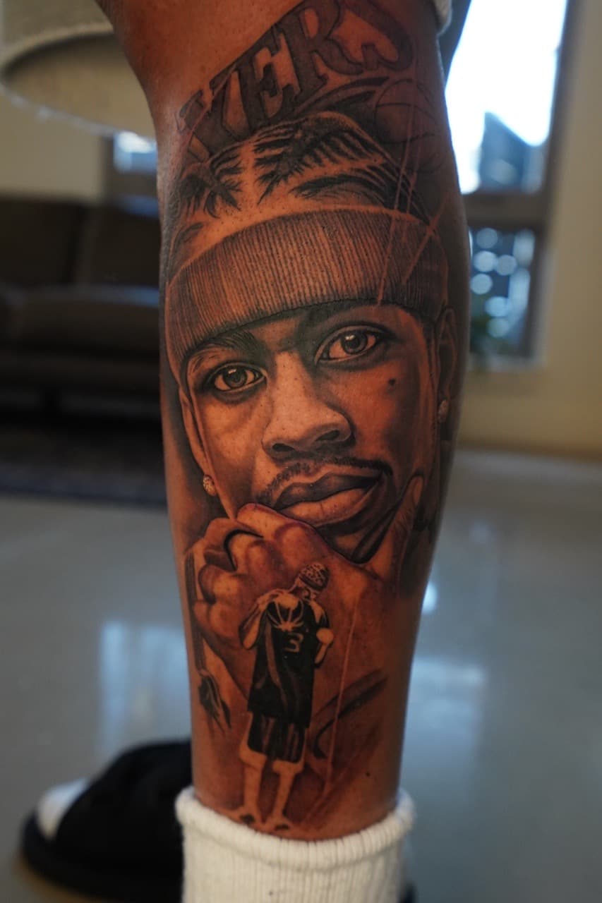 Realism + Black & Grey basketball player tattoo on Calf by Devonne_Foxworth on TattMe