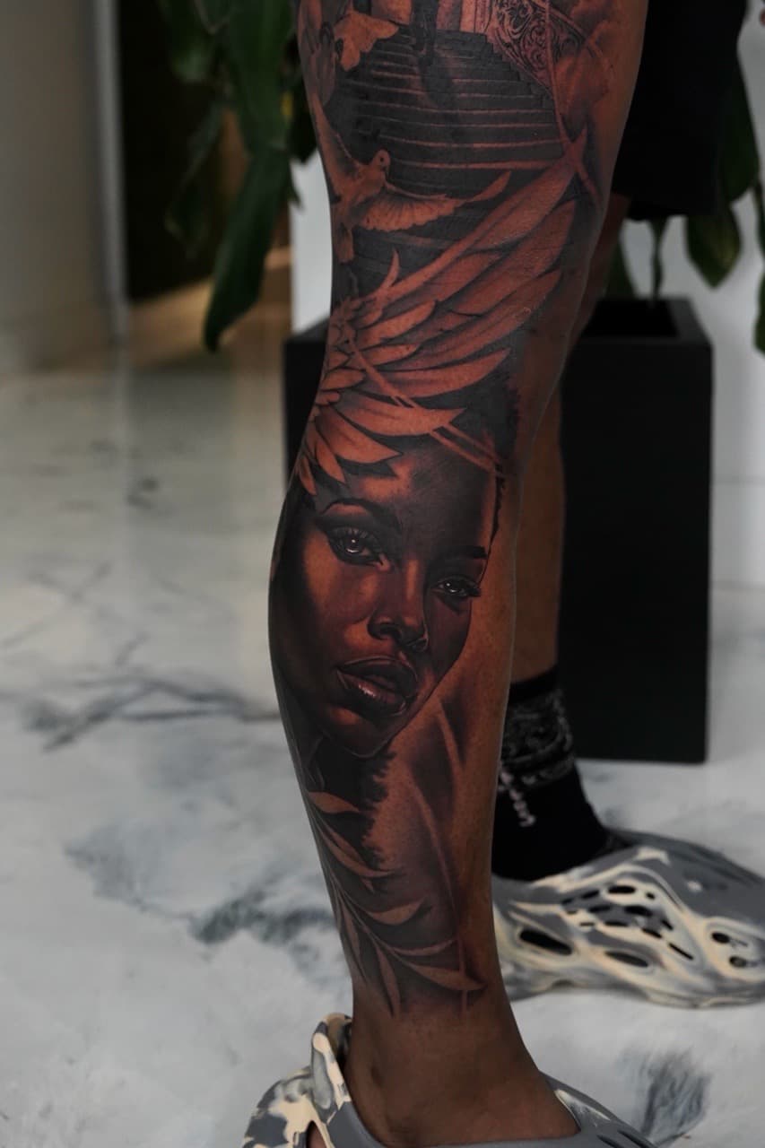 Realism + Black & Grey woman tattoo on Calf by Devonne_Foxworth on TattMe