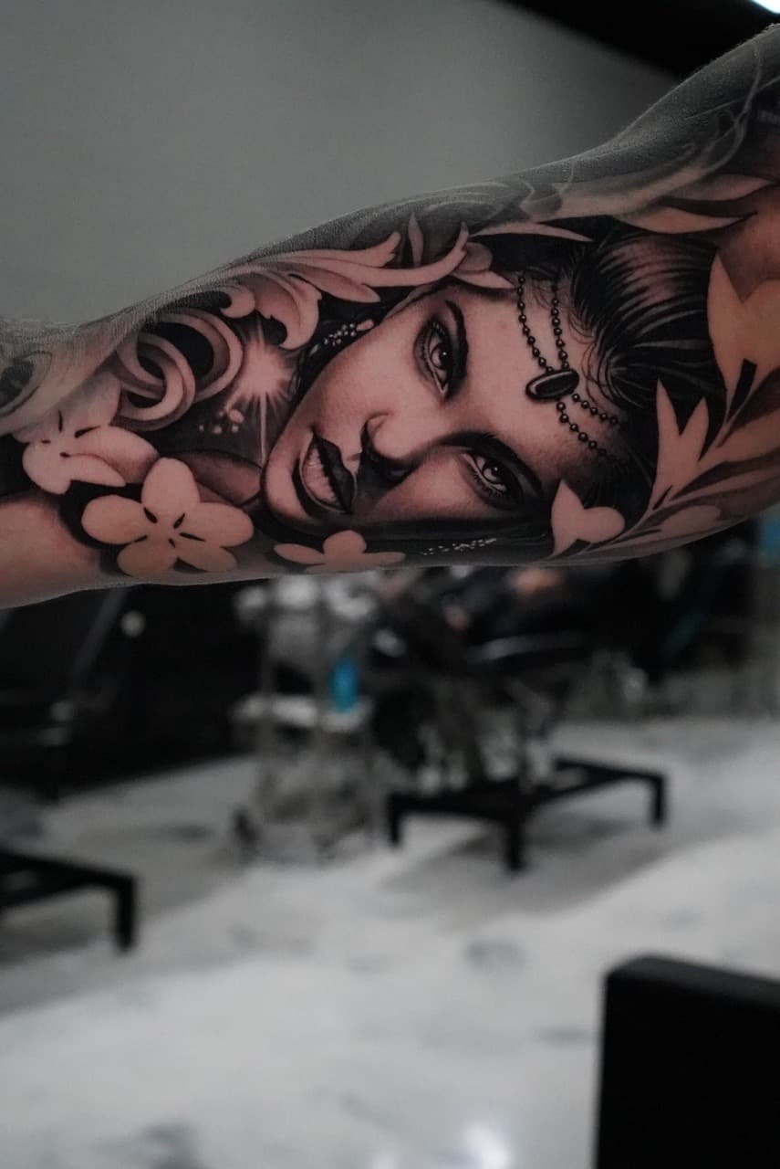 Black & Grey + Realism woman tattoo on Upper Arm by Devonne_Foxworth on TattMe