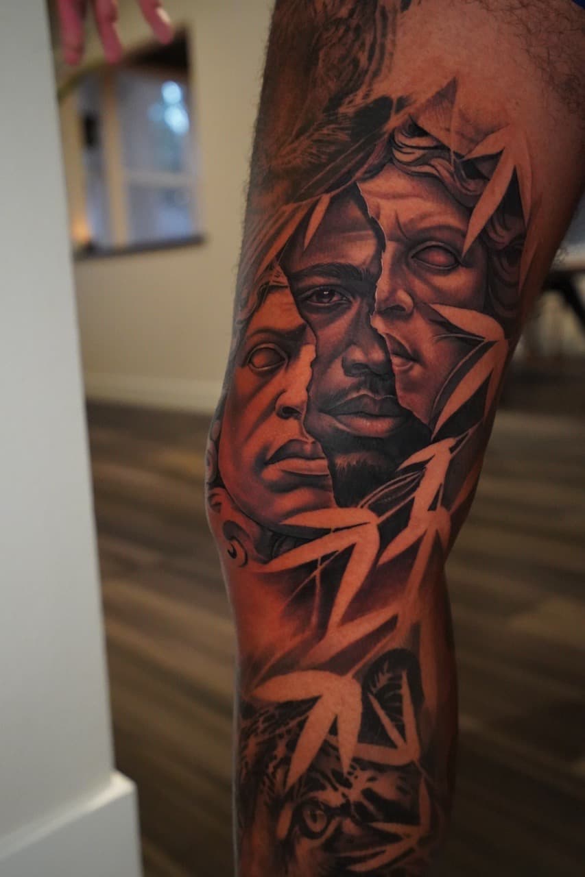 Black & Grey + Realism faces tattoo on Thigh by Devonne_Foxworth on TattMe