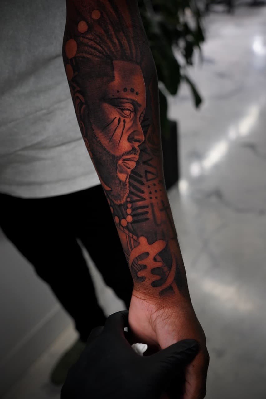 Black & Grey + Realism man tattoo on Full Sleeve by Devonne_Foxworth on TattMe
