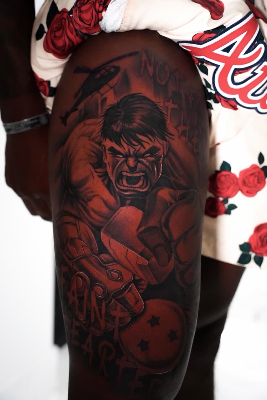 Illustrative + Pop Culture hulk tattoo on Thigh by Devonne_Foxworth on TattMe