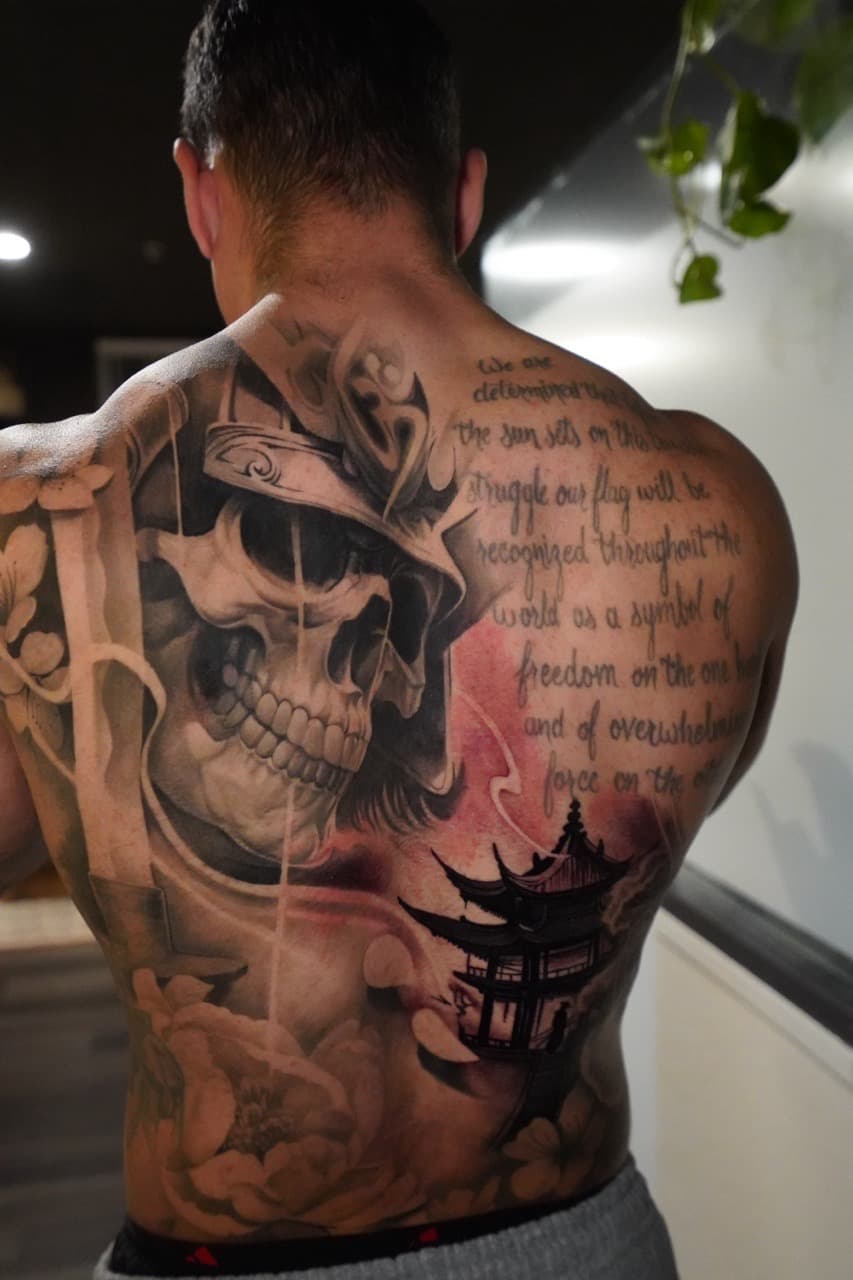 Black & Grey + Japanese skull tattoo on Upper Back by Devonne_Foxworth on TattMe