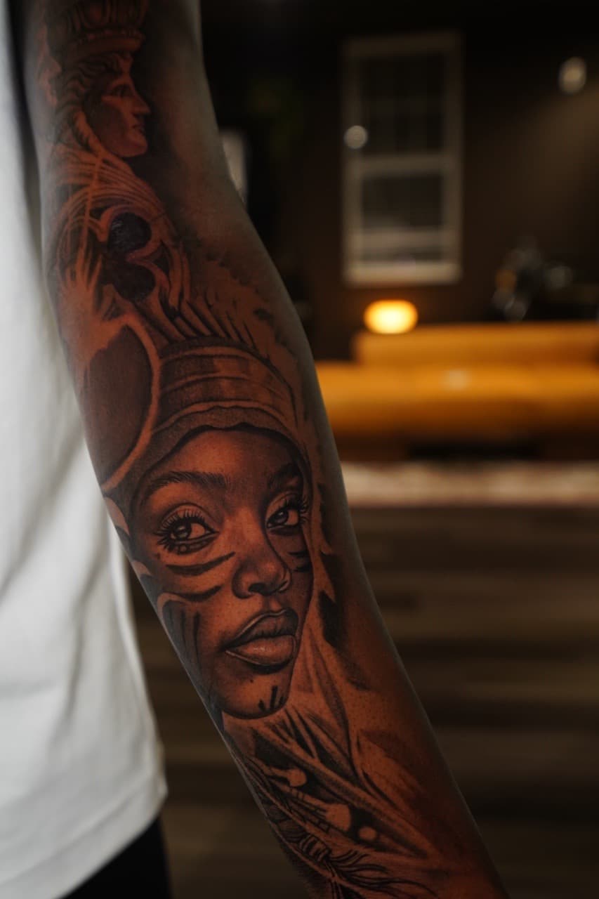 Realism + Black & Grey woman tattoo on Full Sleeve by Devonne_Foxworth on TattMe