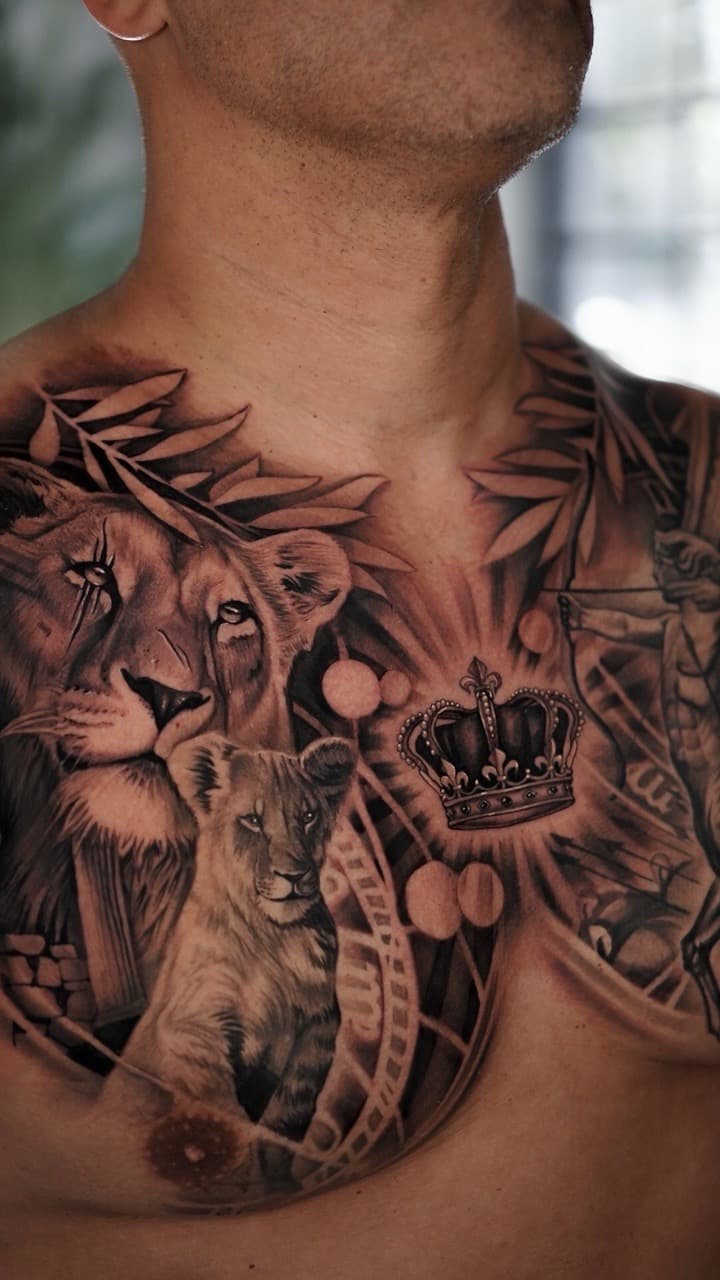 Realism + Black & Grey lion tattoo on Chest by Devonne_Foxworth on TattMe