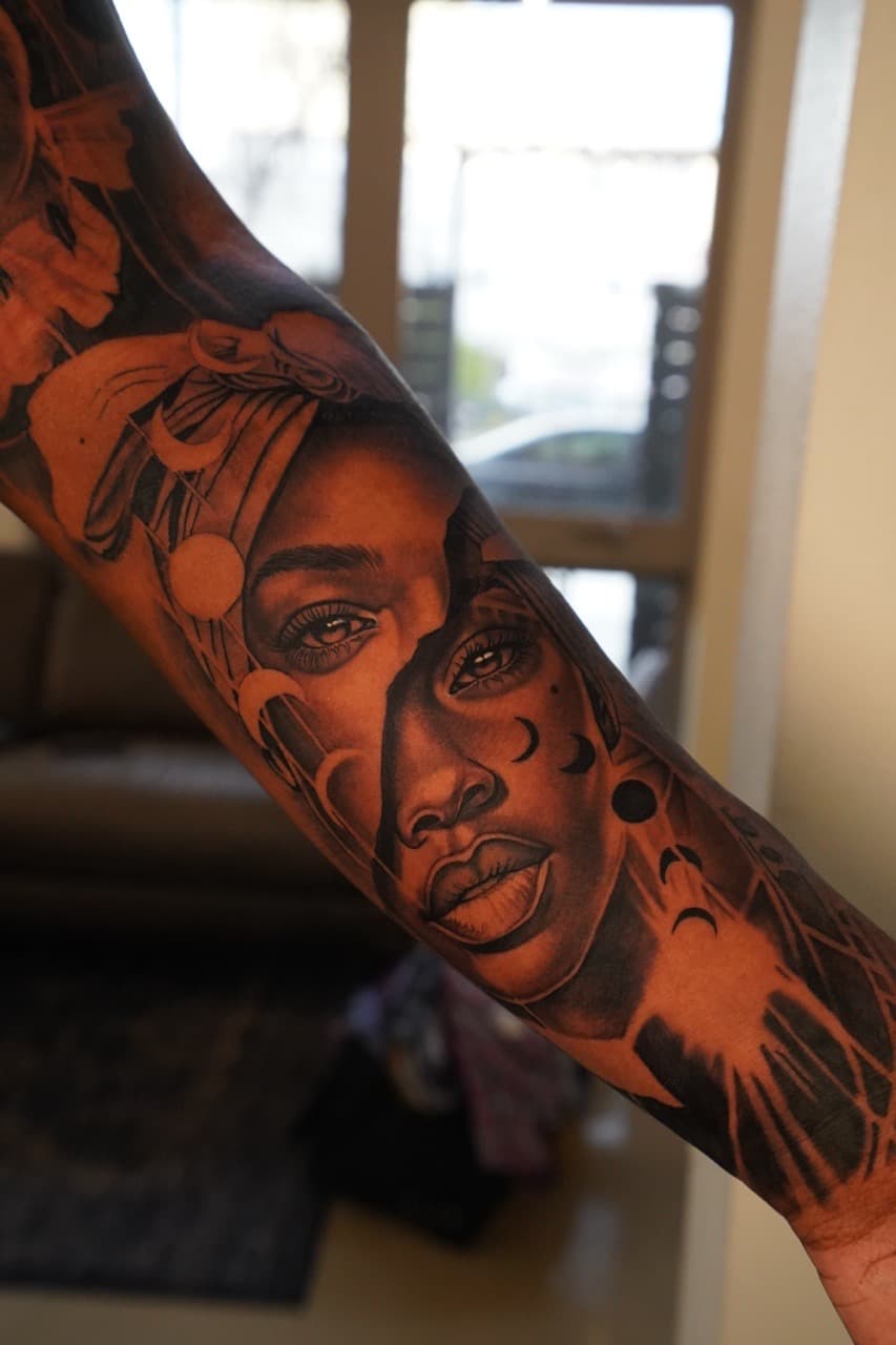 Black & Grey + Realism woman tattoo on Full Sleeve by Devonne_Foxworth on TattMe
