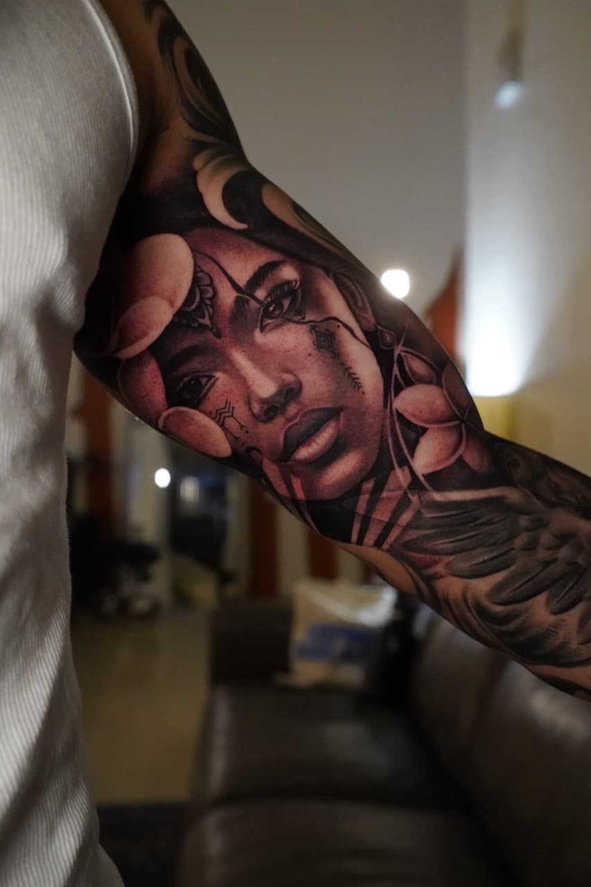 Realism + Black & Grey woman tattoo on Half Sleeve by Devonne_Foxworth on TattMe