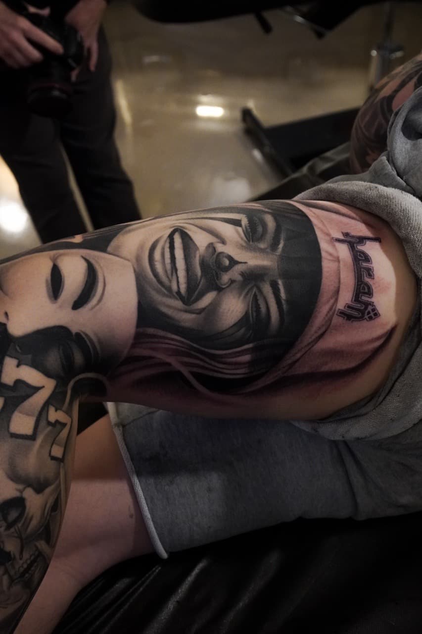 Black & Grey + Realism faces tattoo on Full Sleeve by Devonne_Foxworth on TattMe