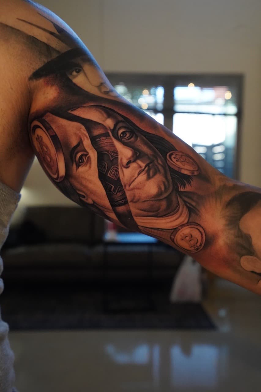 Black & Grey + Realism benjamin franklin tattoo on Upper Arm by Devonne_Foxworth on TattMe