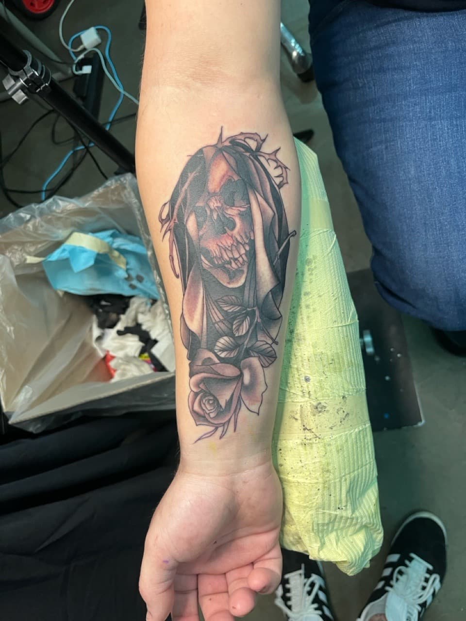 Black & Grey + Illustrative skull tattoo on Forearm by Kneedeep_tattoos on TattMe