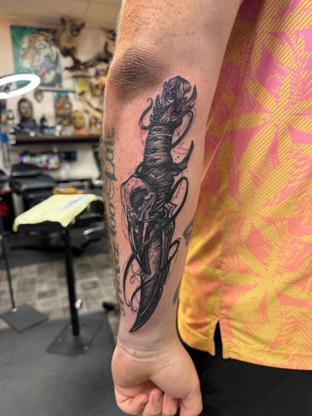 Black & Grey + Illustrative dagger tattoo on Forearm by Kneedeep_tattoos on TattMe