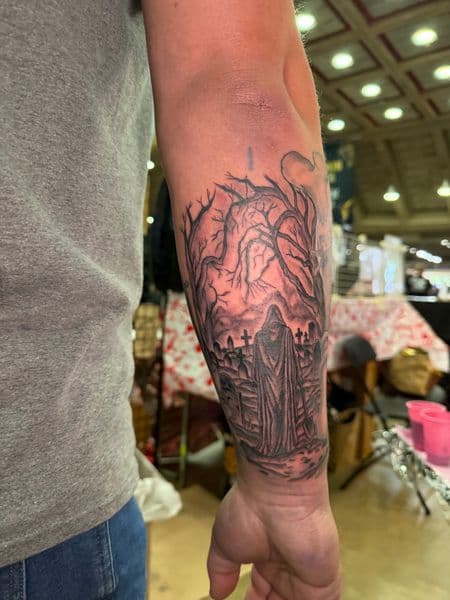 Black & Grey + Illustrative grim reaper tattoo on Forearm by Kneedeep_tattoos on TattMe