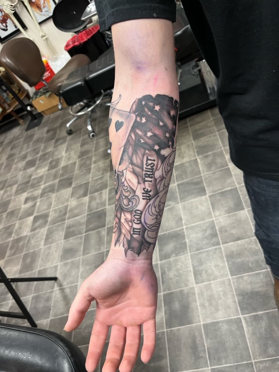 Black & Grey + Traditional american flag tattoo on Forearm by Kneedeep_tattoos on TattMe