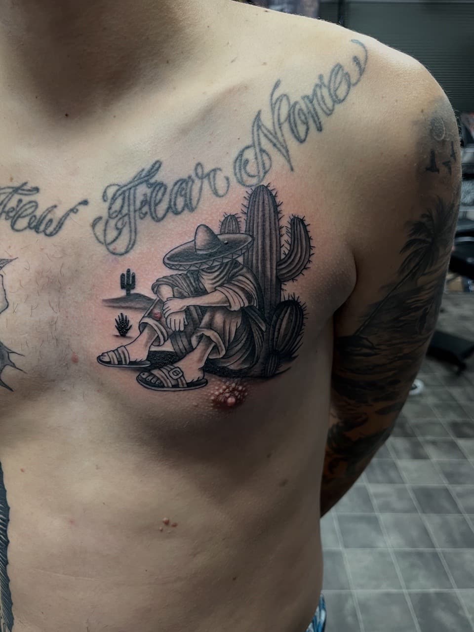 Black & Grey + Illustrative figure tattoo on Chest by Kneedeep_tattoos on TattMe